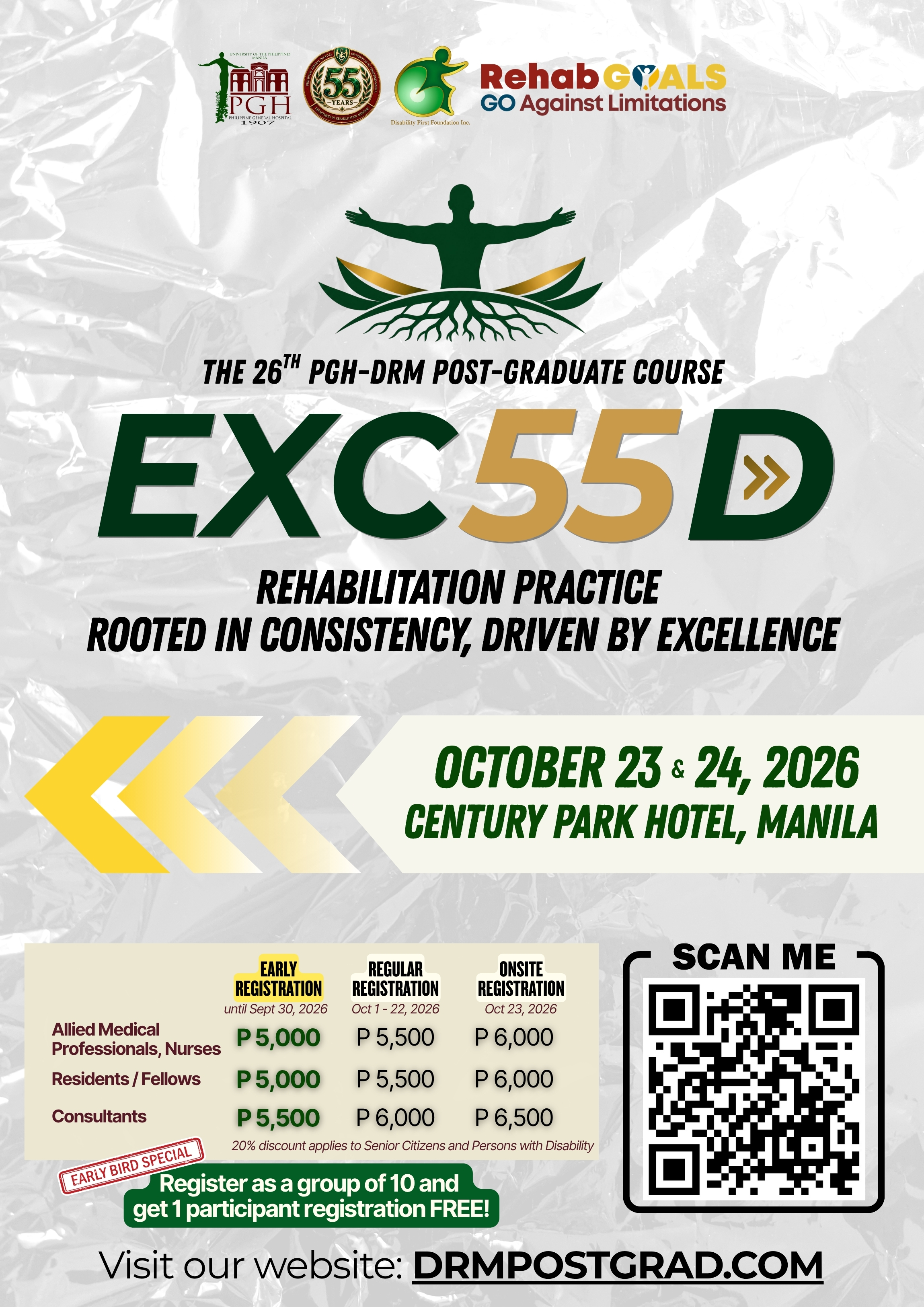 EXC55D official poster: the 26th PGH-DRM Post-Graduate Course, October 23 and 24, 2026 at Century Park Hotel, Manila, with registration rates.